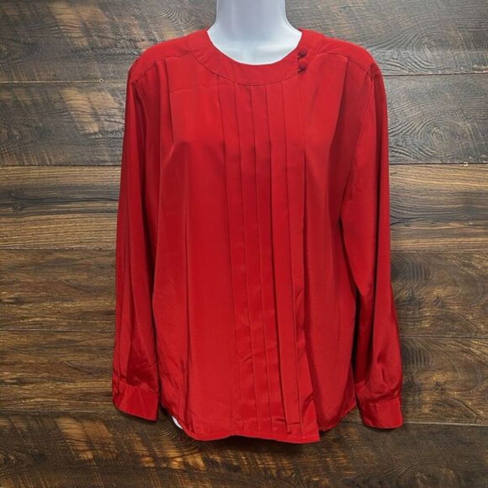 SK & Company Red Blouse‎ Sz 12 Pleated Front Button Crew Neck Long Sleeve Top